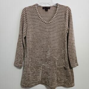 Pleats Collection Womens M Shirt Top Light Brown Woven Stripe Chenille